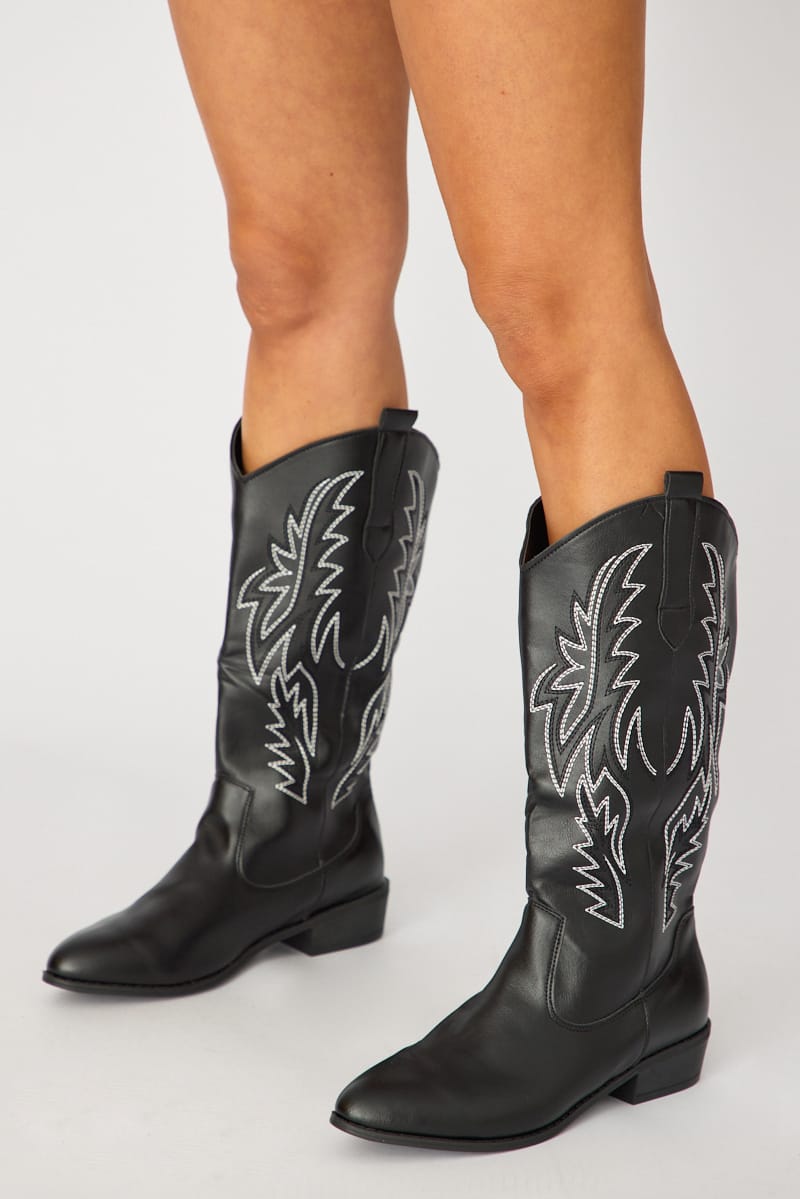 Black Embroidered Western Cowboy Boots for Ally Fashion
