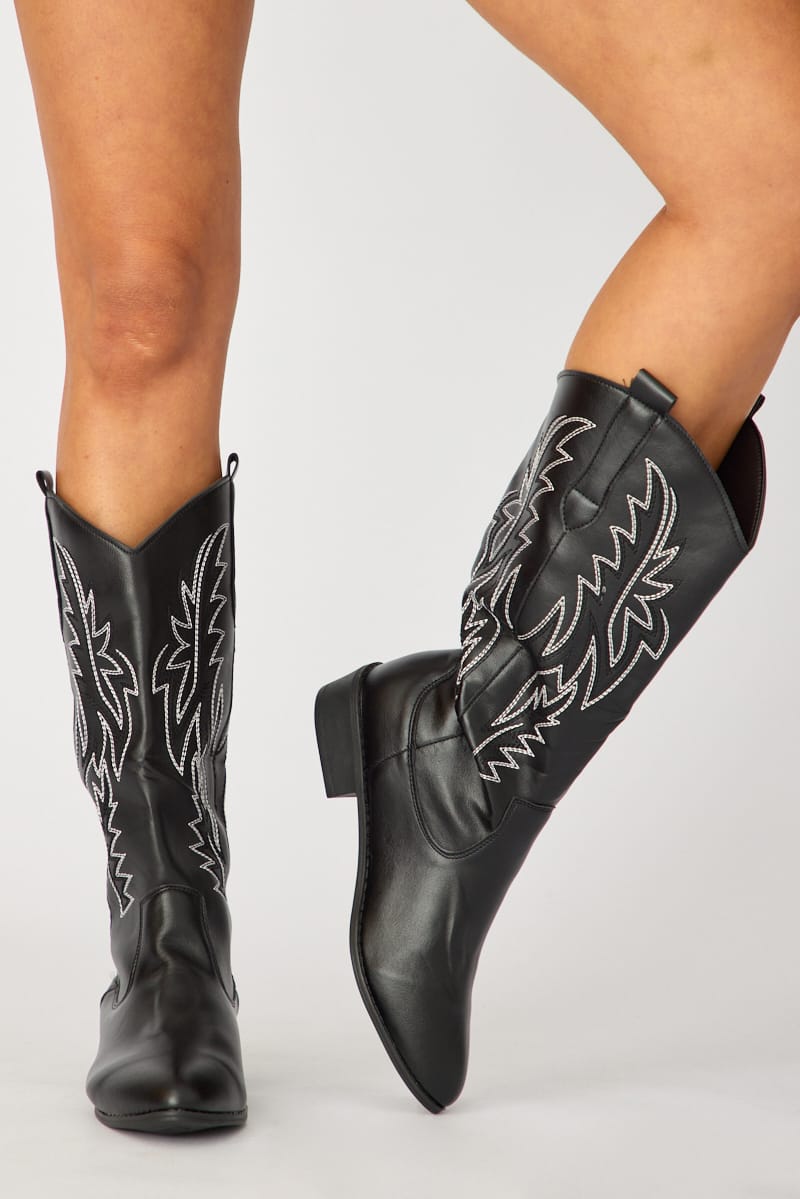 Black Embroidered Western Cowboy Boots for Ally Fashion