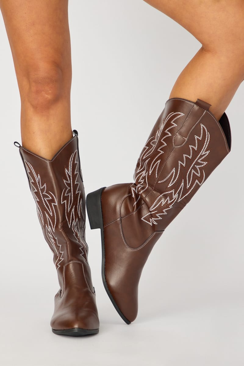 Brown Embroidered Western Cowboy Boots for Ally Fashion