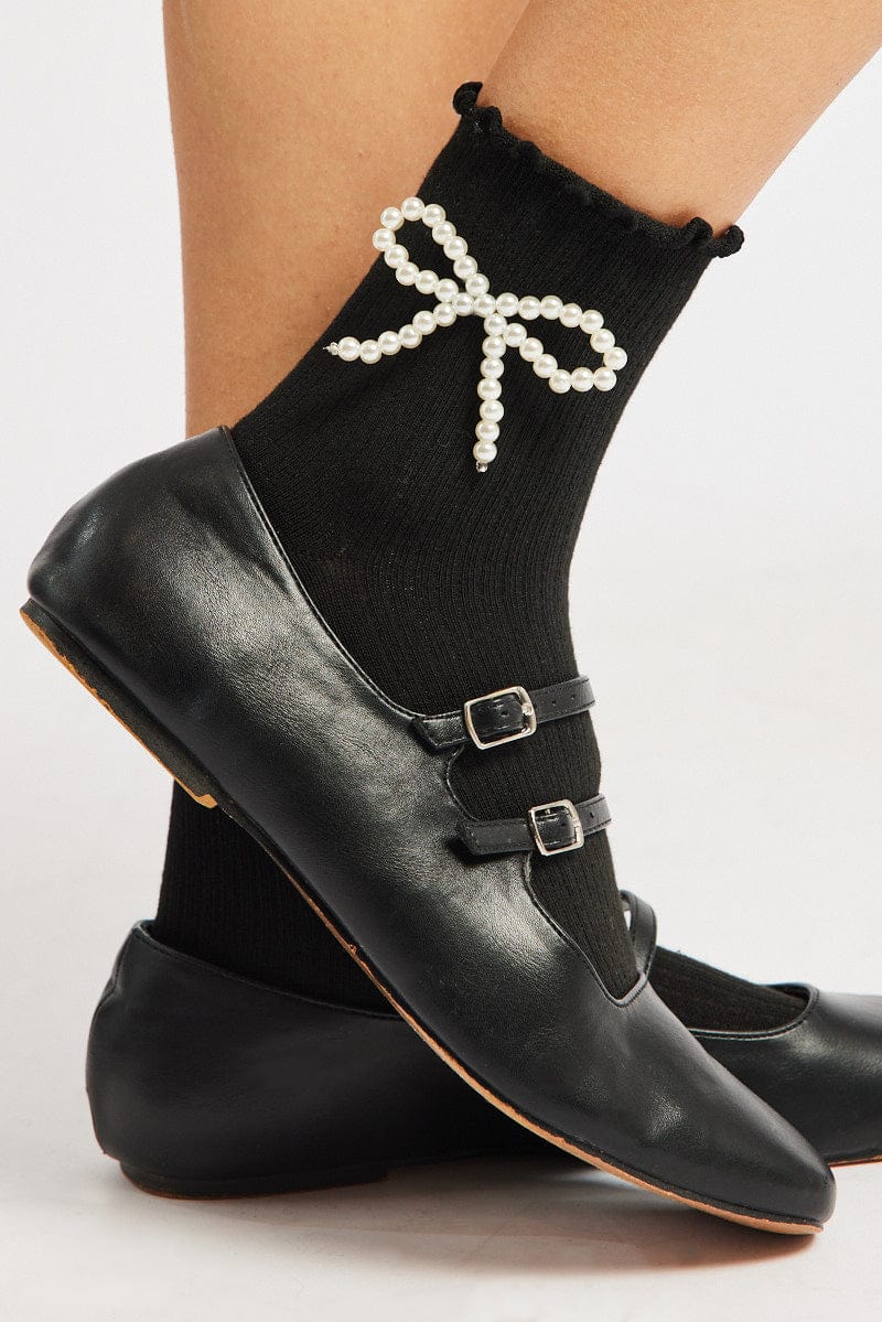 Black Frill Socks with Pearl Bow for Ally Fashion