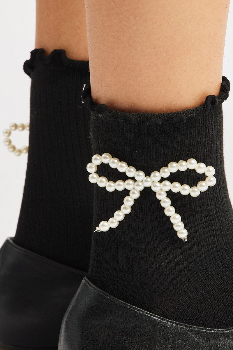 Black Frill Socks with Pearl Bow for Ally Fashion