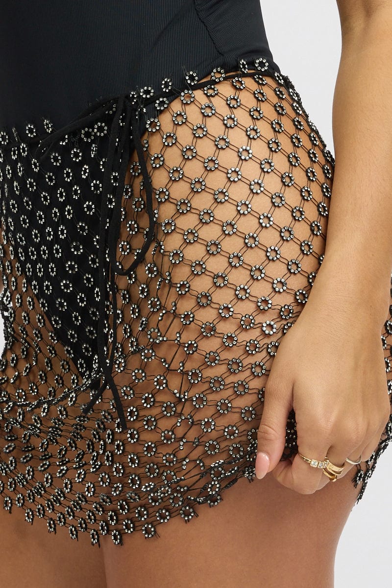 Black Rhinestone Fishnet Festival Mini Skirt | Ally Fashion Black Rhinestone Fishnet Festival Mini Skirt | Ally Fashion