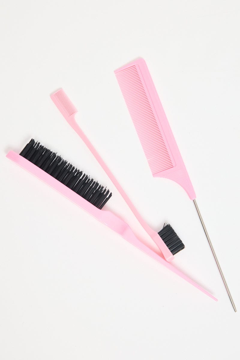 Pink Bristle Brush Edge Brush And Rat Tail Comb Set for Ally Fashion