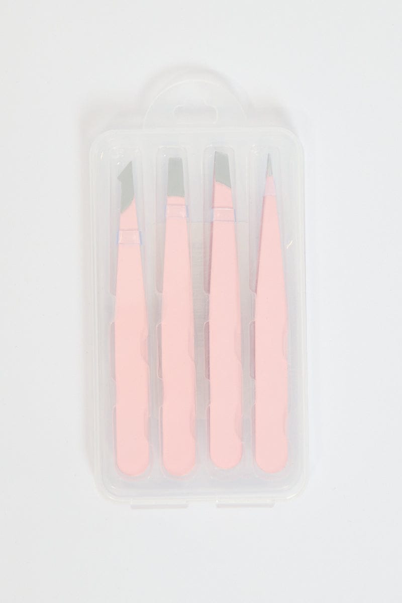 Pink 4 Pcs Stainless Steel Tweezers Set for Ally Fashion