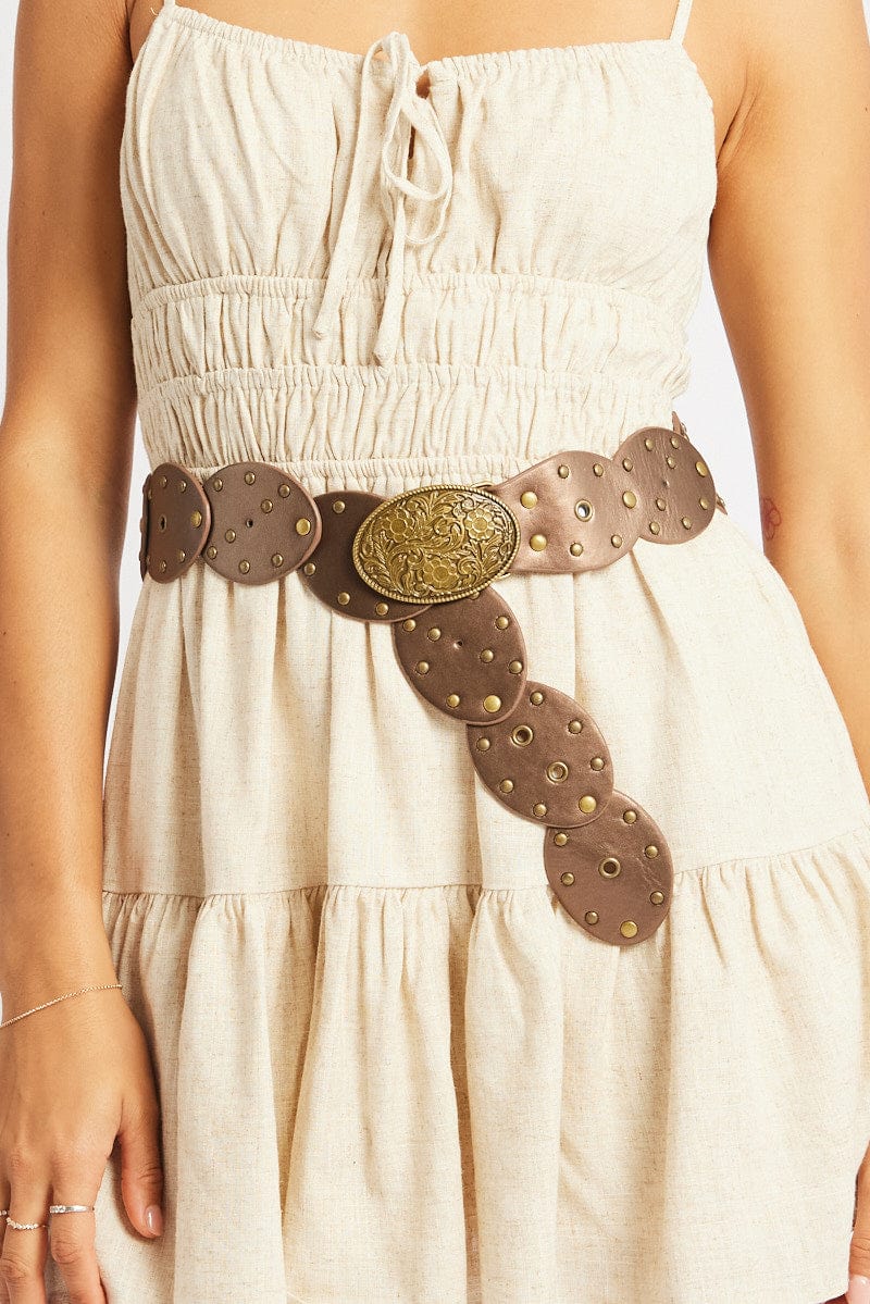 Brown Oval Disc Western Waist Belt for Ally Fashion