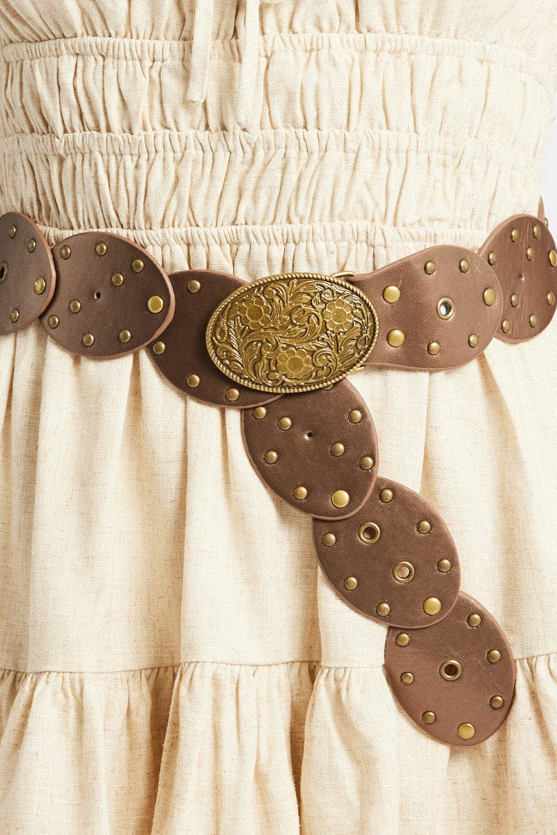 Brown Oval Disc Western Waist Belt for Ally Fashion