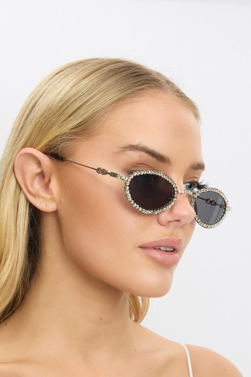 Silver Oval Rhinestone Sunglasses for Ally Fashion