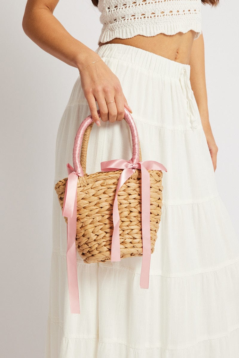 Pink Straw Basket Shoulder Bag with Bows for Ally Fashion