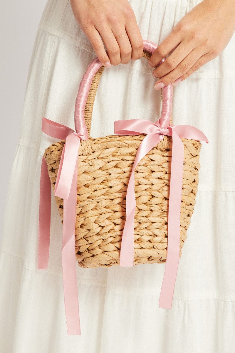 Pink Straw Basket Shoulder Bag with Bows for Ally Fashion