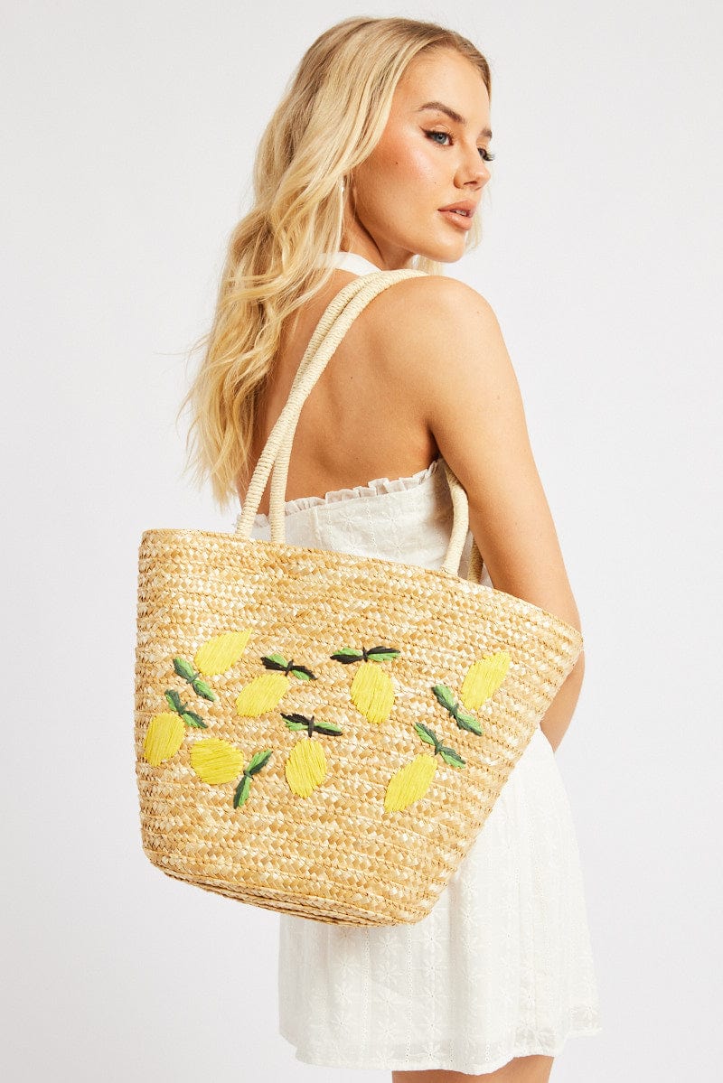 Beige Lemon Straw Tote Bag for Ally Fashion