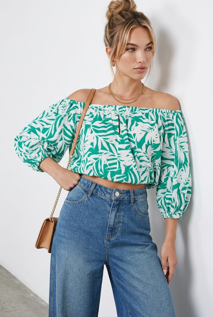 Trop Print Crop Top Long Sleeve Off Shoulder