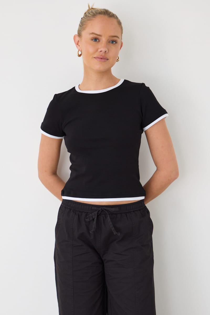 Black Contrast Tshirt Short Sleeve Crew Neck Slim Fit for Ally Fashion