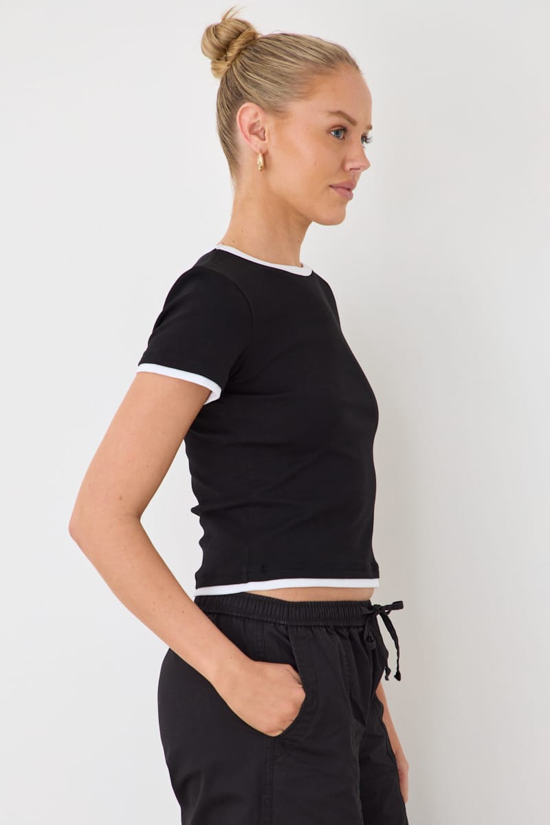 Black Contrast Tshirt Short Sleeve Crew Neck Slim Fit for Ally Fashion