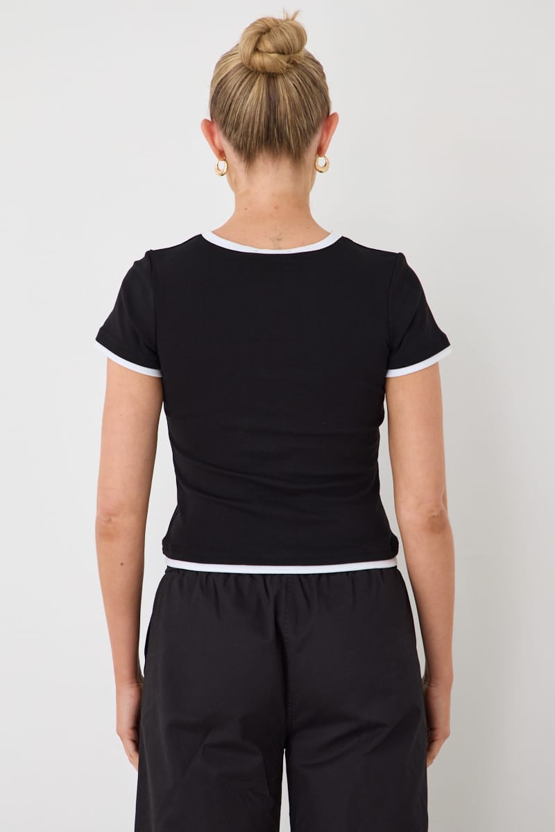 Black Contrast Tshirt Short Sleeve Crew Neck Slim Fit for Ally Fashion