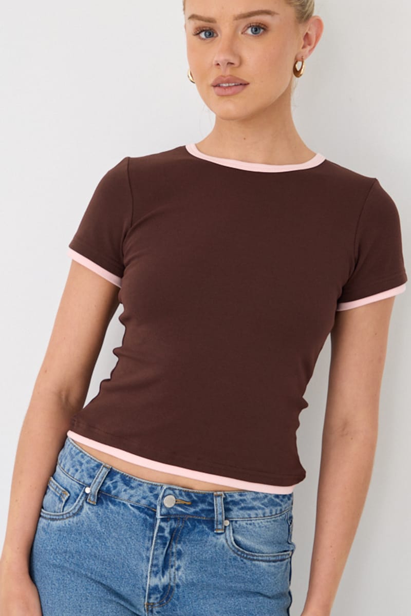 Brown Contrast Tshirt Short Sleeve Crew Neck Slim Fit for Ally Fashion