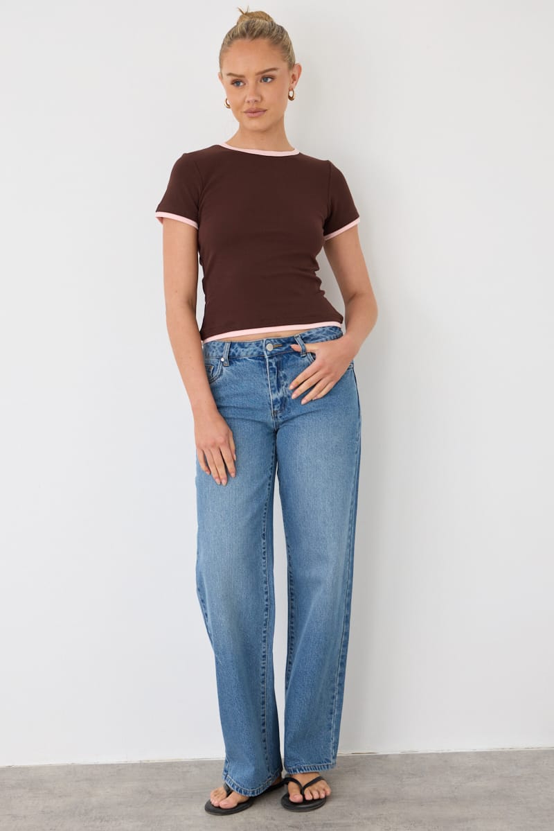 Brown Contrast Tshirt Short Sleeve Crew Neck Slim Fit for Ally Fashion