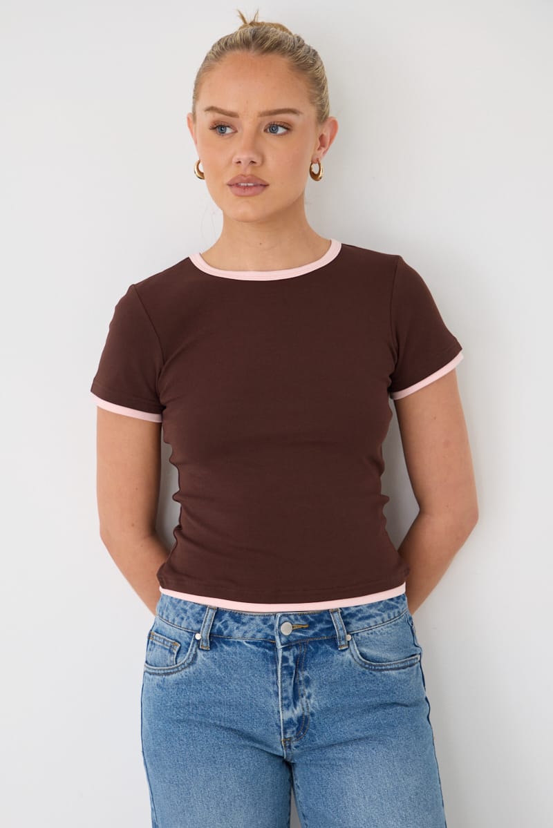 Brown Contrast Tshirt Short Sleeve Crew Neck Slim Fit for Ally Fashion