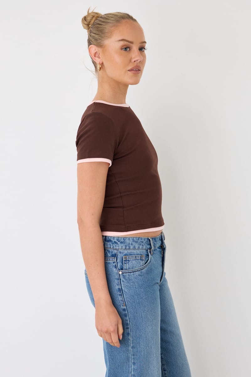 Brown Contrast Tshirt Short Sleeve Crew Neck Slim Fit for Ally Fashion