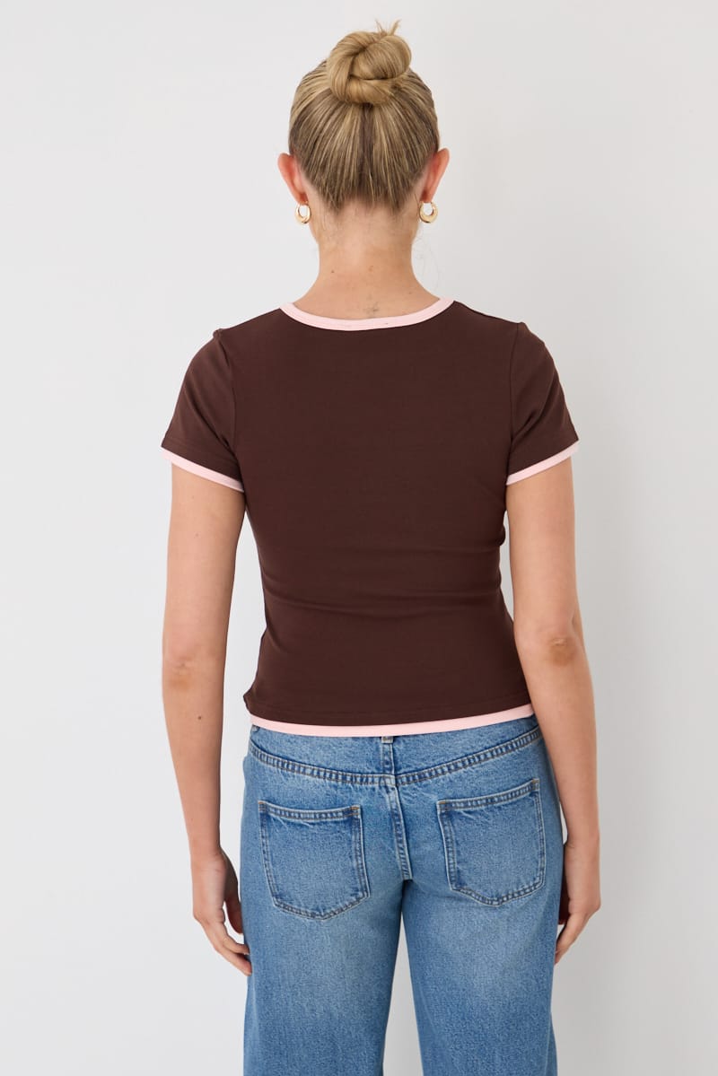 Brown Contrast Tshirt Short Sleeve Crew Neck Slim Fit for Ally Fashion