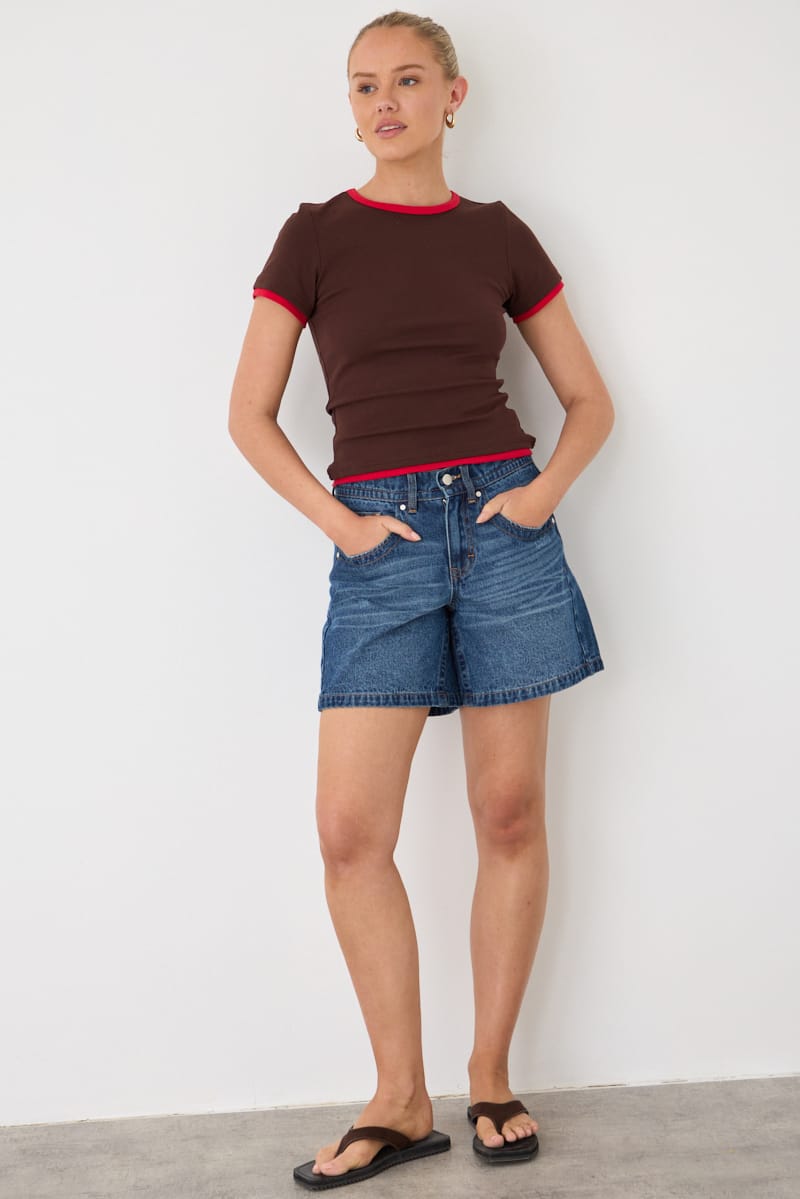 Brown Contrast Tshirt Short Sleeve Crew Neck Slim Fit for Ally Fashion