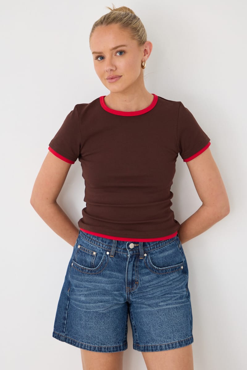 Brown Contrast Tshirt Short Sleeve Crew Neck Slim Fit for Ally Fashion