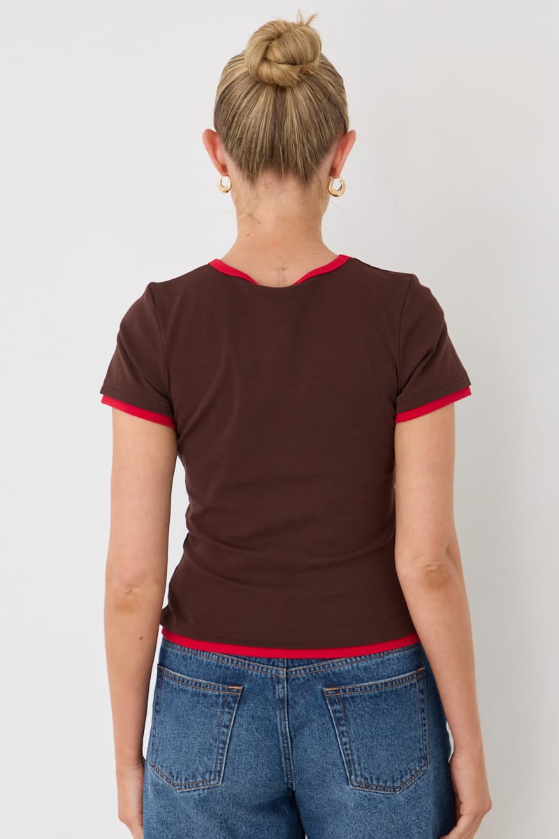 Brown Contrast Tshirt Short Sleeve Crew Neck Slim Fit for Ally Fashion