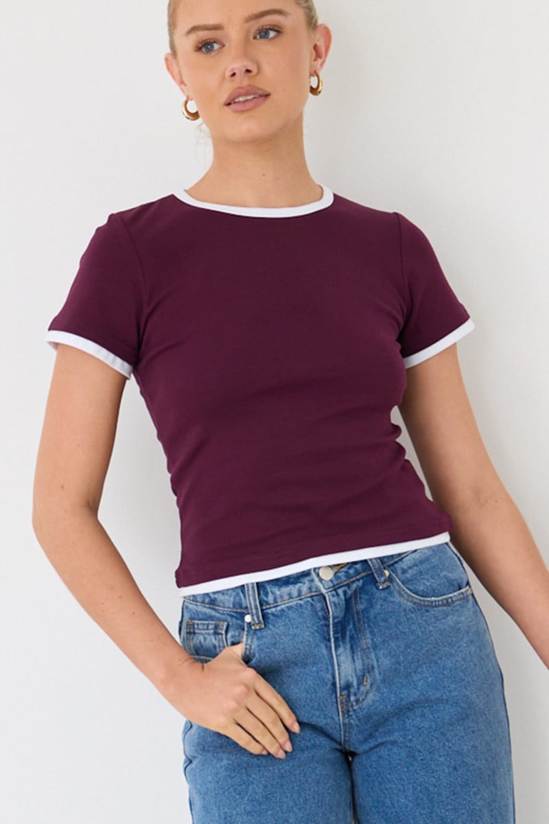Purple Contrast Tshirt Short Sleeve Crew Neck Slim Fit for Ally Fashion