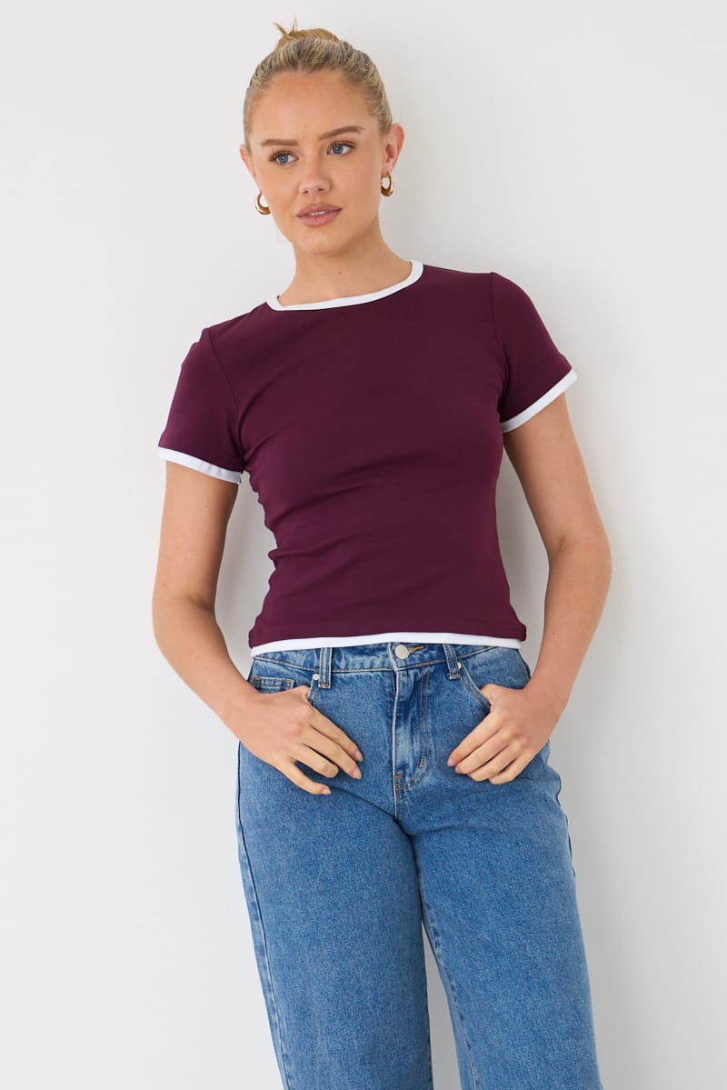 Purple Contrast Tshirt Short Sleeve Crew Neck Slim Fit for Ally Fashion