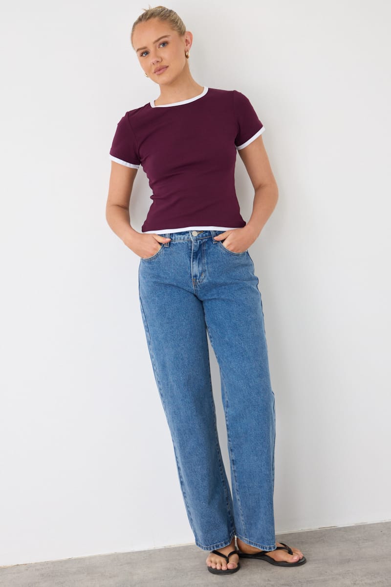 Purple Contrast Tshirt Short Sleeve Crew Neck Slim Fit for Ally Fashion