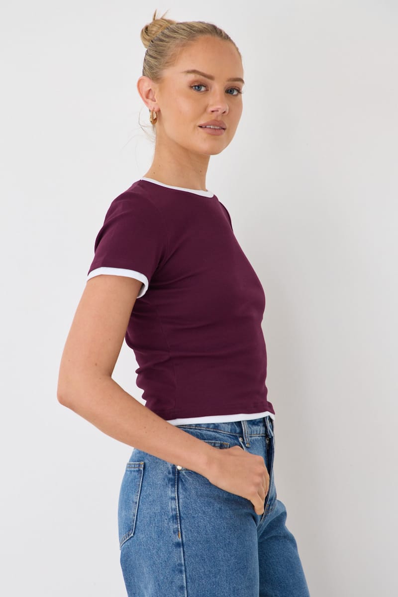 Purple Contrast Tshirt Short Sleeve Crew Neck Slim Fit for Ally Fashion