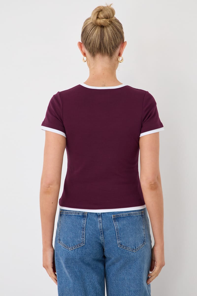 Purple Contrast Tshirt Short Sleeve Crew Neck Slim Fit for Ally Fashion