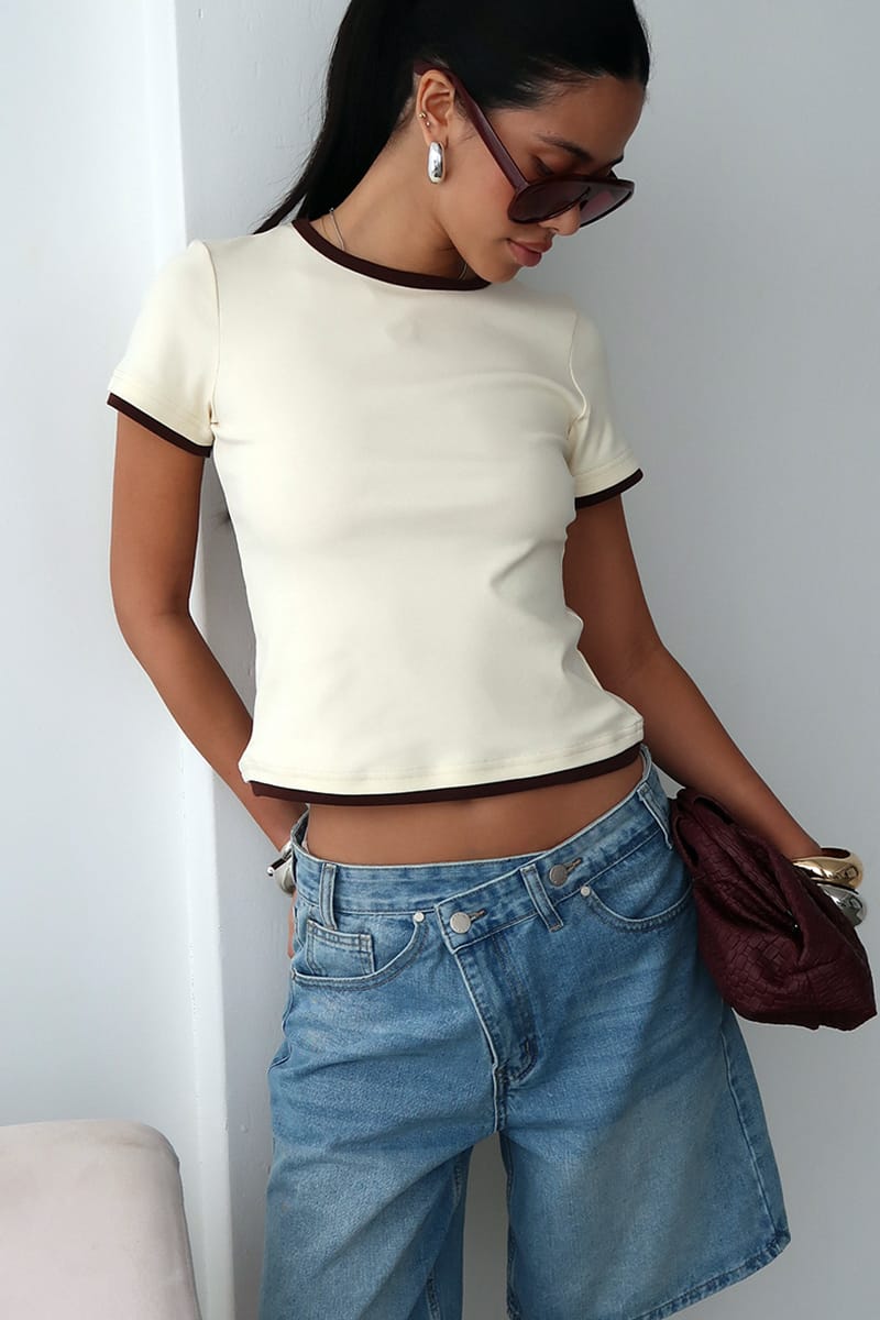 Yellow Contrast Tshirt Short Sleeve Crew Neck Slim Fit for Ally Fashion