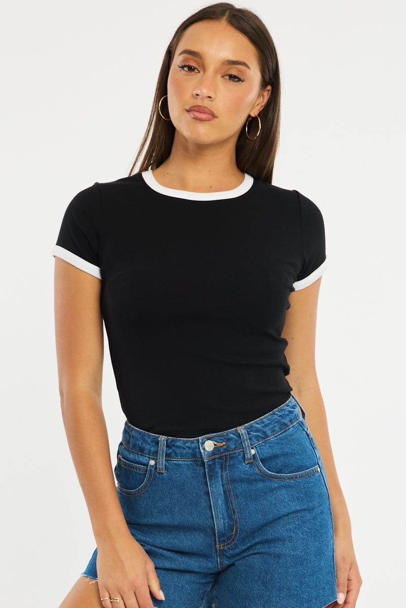 Black Contrast Top Short Sleeve for Ally Fashion