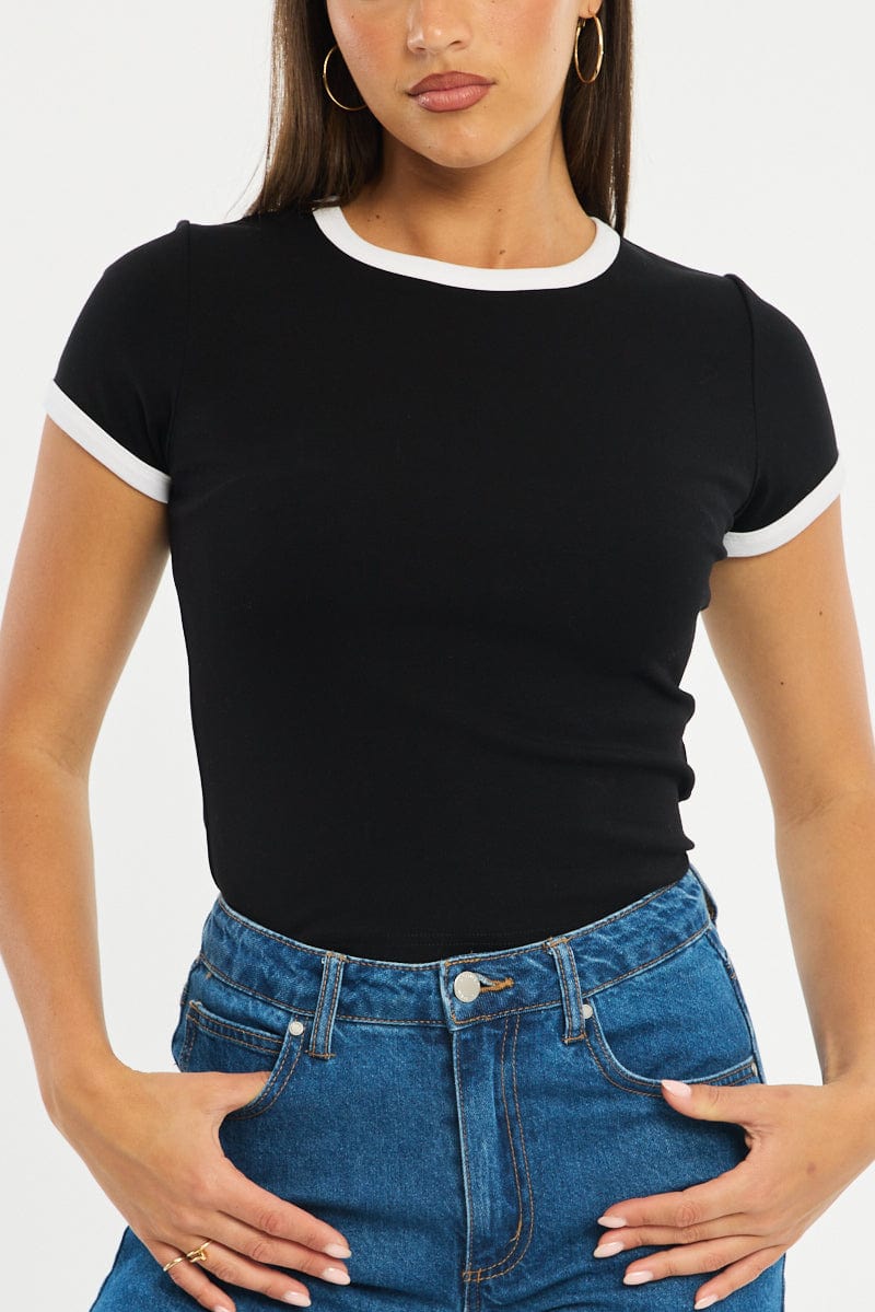 Black Contrast Top Short Sleeve for Ally Fashion