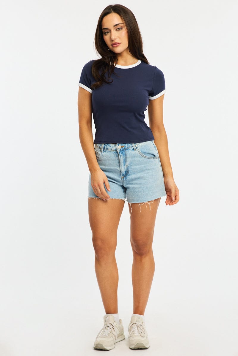 Blue Contrast Top Short Sleeve for Ally Fashion