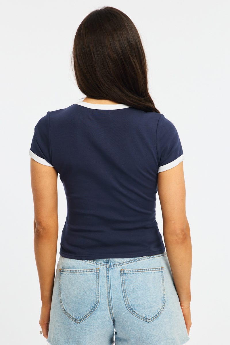 Blue Contrast Top Short Sleeve for Ally Fashion