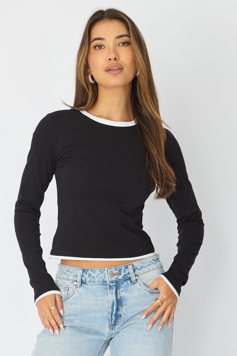 Black Short Sleeve Contrast Binding T-shirt for Ally Fashion