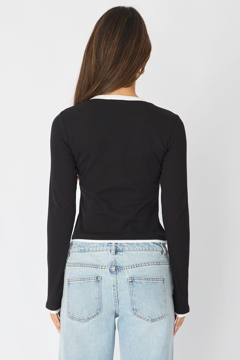 Black Short Sleeve Contrast Binding T-shirt for Ally Fashion