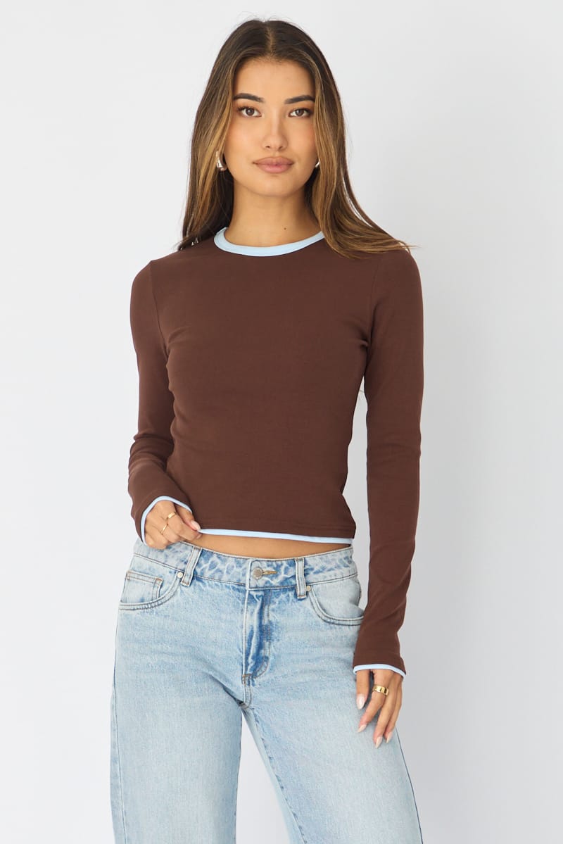 Brown Short Sleeve Contrast Binding T-shirt for Ally Fashion