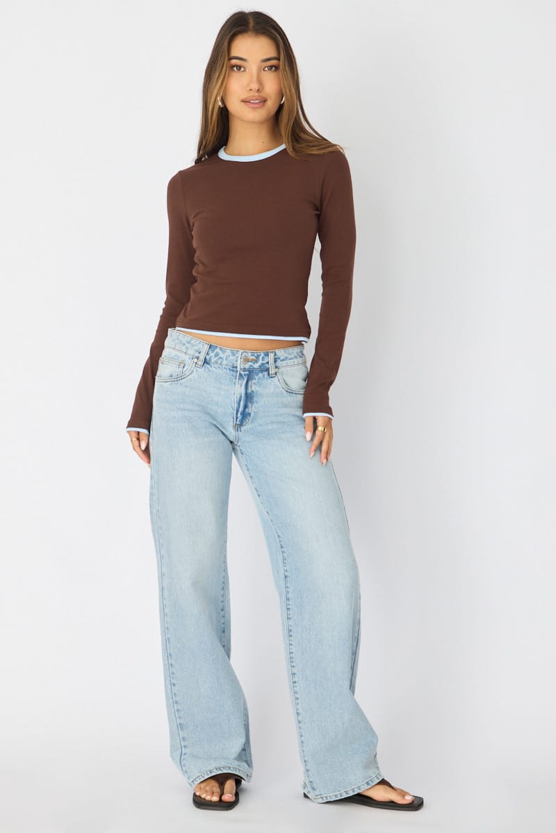 Brown Short Sleeve Contrast Binding T-shirt for Ally Fashion