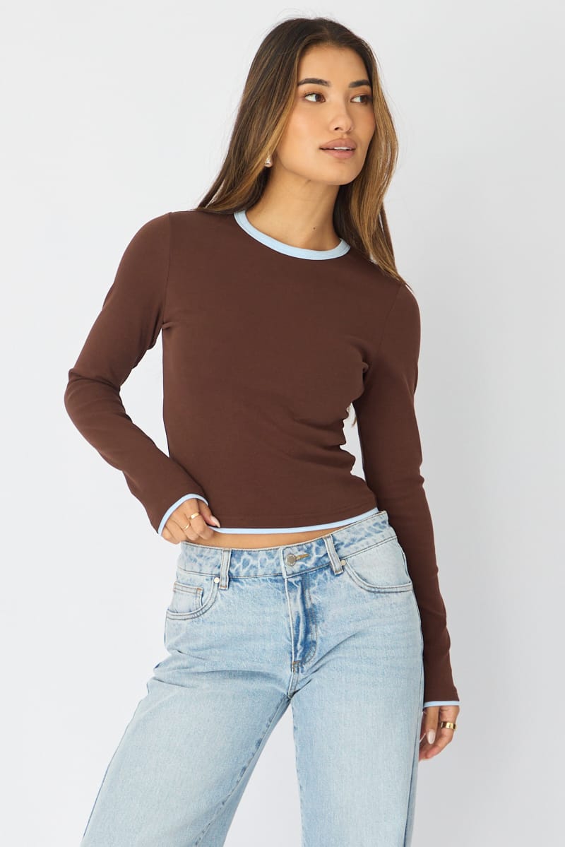 Brown Short Sleeve Contrast Binding T-shirt for Ally Fashion