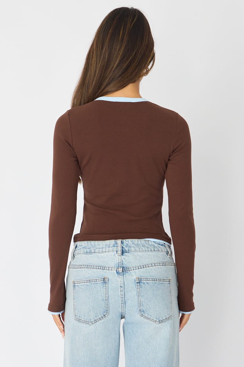Brown Short Sleeve Contrast Binding T-shirt for Ally Fashion