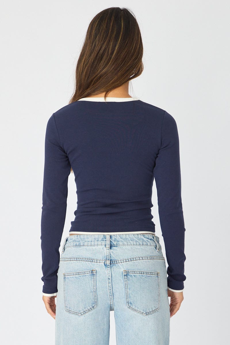 Blue Short Sleeve Contrast Binding T-shirt for Ally Fashion