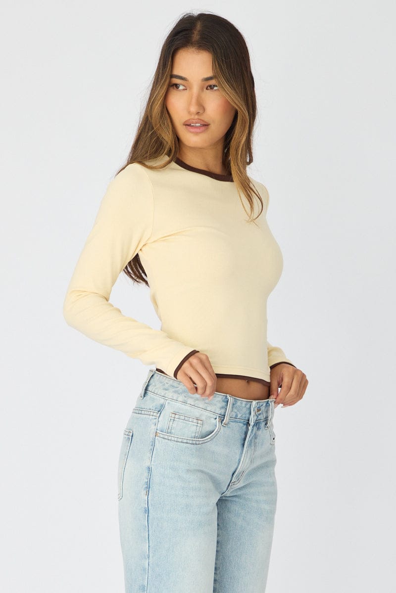 Yellow Short Sleeve Contrast Binding T-shirt for Ally Fashion