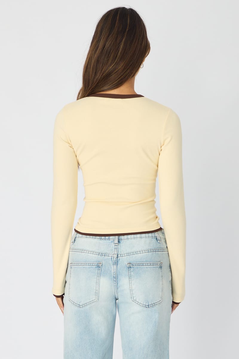 Yellow Long Sleeve Contrast Binding T-shirt for Ally Fashion