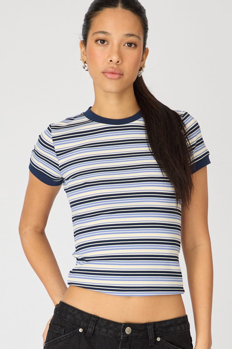 Blue Stripe Short Sleeve Stripe Ribbed T-shirt for Ally Fashion