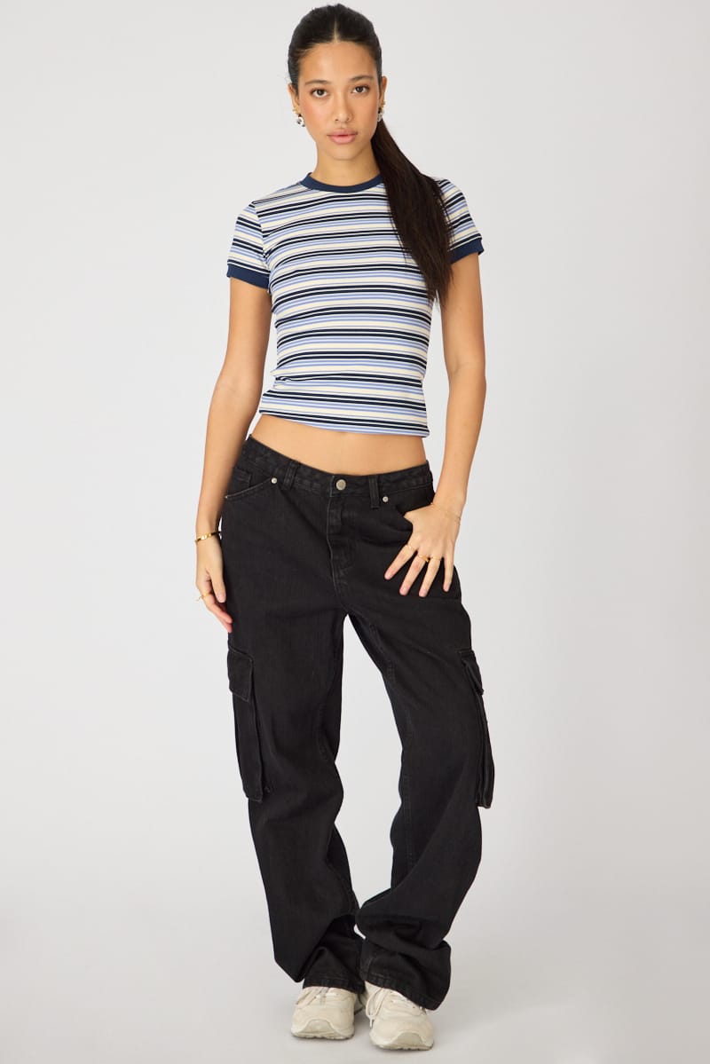 Blue Stripe Short Sleeve Stripe Ribbed T-shirt for Ally Fashion