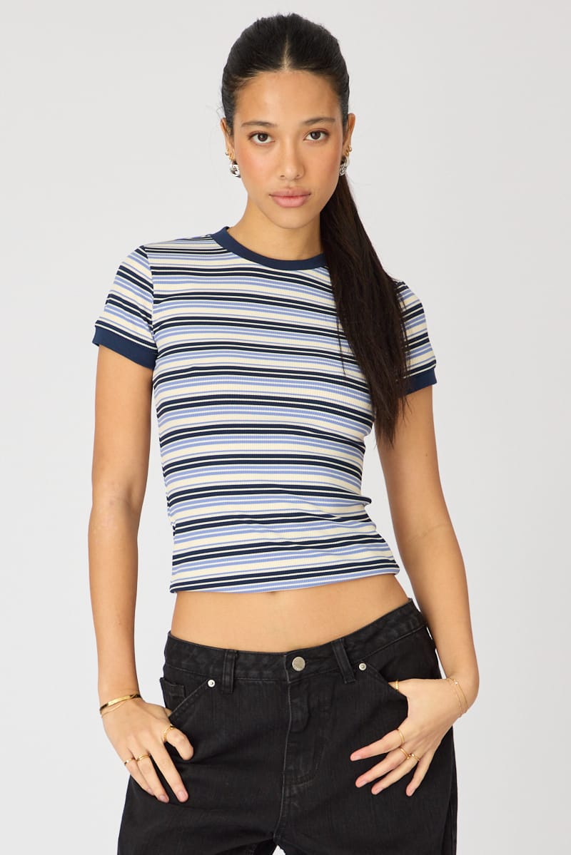 Blue Stripe Short Sleeve Stripe Ribbed T-shirt for Ally Fashion