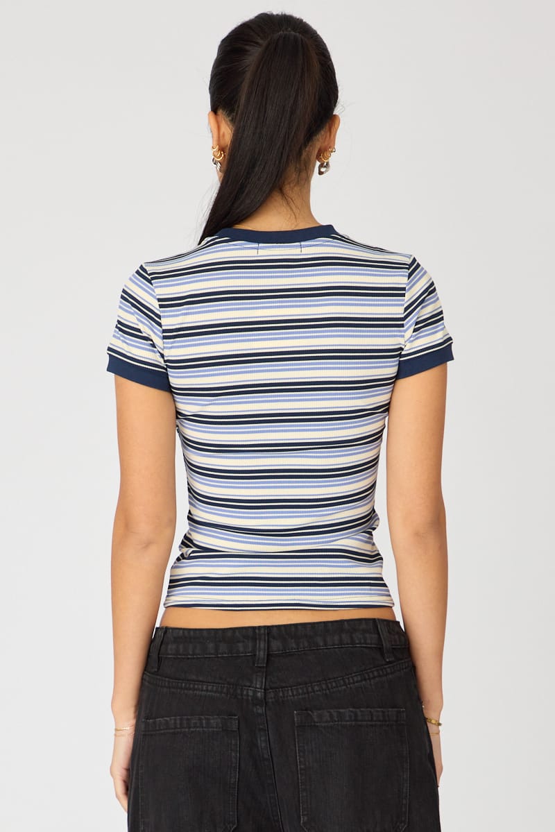 Blue Stripe Short Sleeve Stripe Ribbed T-shirt for Ally Fashion