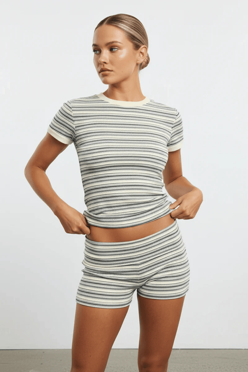 Grey Stripe Stripe Short Sleeve T-shirt for Ally Fashion